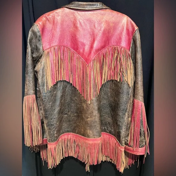 Double D Ranch Red and Black Leather Fringe Jacket-Vintage - Picture 4 of 8